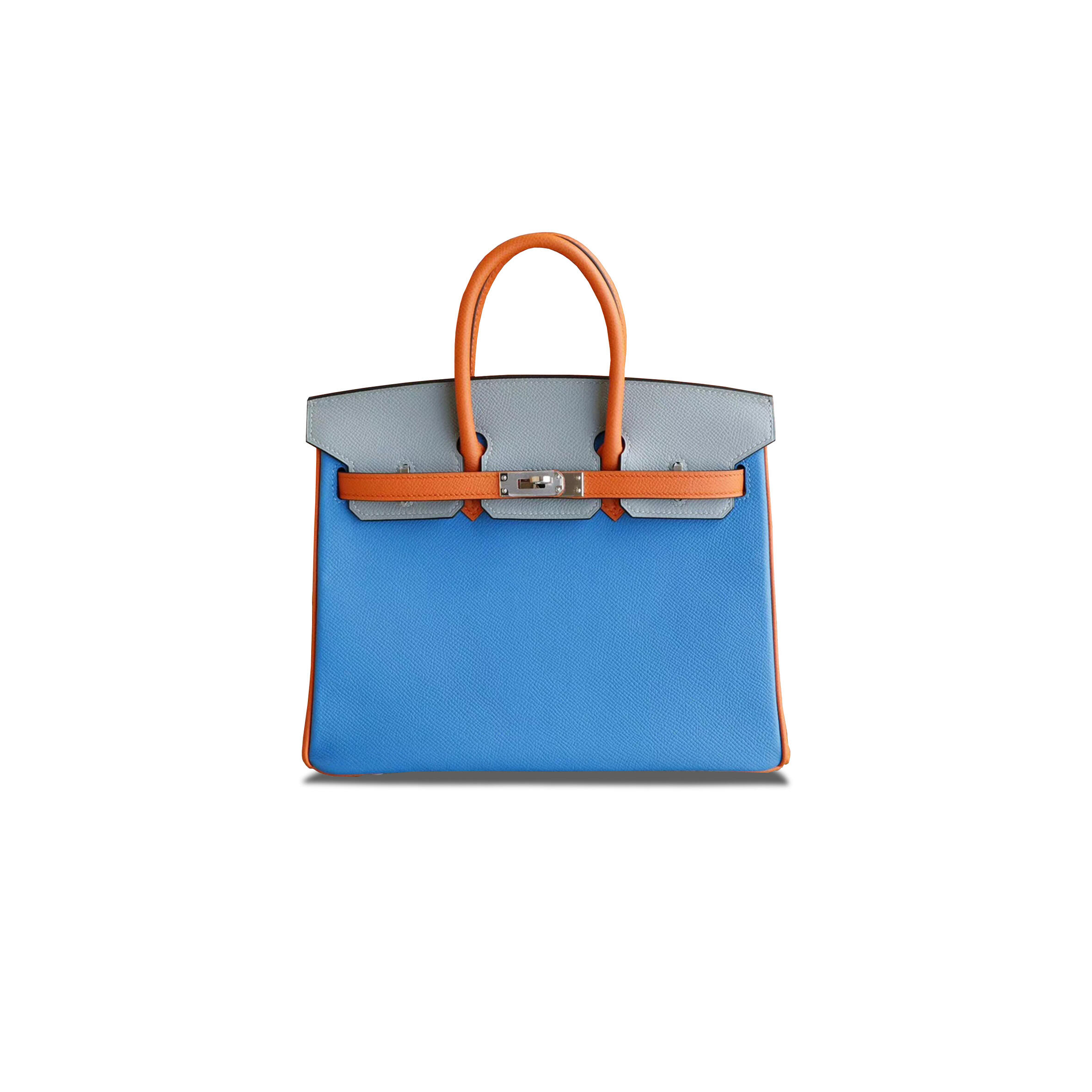 H**mes birkin 25 epsom water blue glacier grey and orange with silver buckle bag h028362cc02 (25*18*13cm)